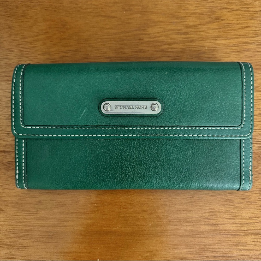 Michael Kors Leather Card Wallet Clutch Green Silver Hardware